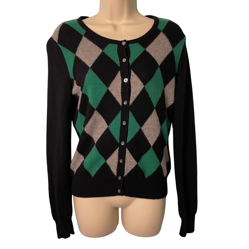 Apt 9 Cashmere Cardigan Sweater Size S Green Argyle Diamond Academia Preppy